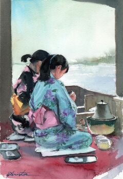 2girls aqua_eyes aris_0827 black_hair black_kimono commentary_request day from_side full_body highres japanese_clothes kimono medium_hair multiple_girls obi original outdoors painting_(medium) ponytail sash short_hair signature sitting traditional_media watercolor_(medium)