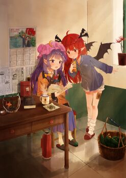 2girls absurdres ahoge bandages basket bat_wings black_sweater bloomers blue_bow blue_jacket blue_skirt blueman&amp;alinla blush book bow bunbunmaru buttons calendar_(object) chair collared_jacket collared_shirt commentary_request crescent crescent_hat_ornament cucumber cup demon_girl dinosaur_print drawer drinking fish fishbowl flower full_body gauze_on_thigh goldfish hair_bow hand_up hat hat_ornament head_wings highres holding holding_book holding_juice_box jacket juice_box koakuma leaning_forward long_skirt long_sleeves looking_at_object mob_cap mug multiple_girls newspaper open_mouth orange_bow orange_jacket patchouli_knowledge pink_hat plant pleated_skirt pointy_ears potted_plant purple_eyes purple_hair purple_hat reading red_bow red_eyes red_flower red_hair shirt sitting skirt sleeve_cuffs sleeves_past_wrists slippers socks standing star_(symbol) star_print sweater table thermos tile_floor tiles touhou underwear white_bloomers white_shirt white_socks wing_flapping wings