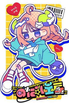 Rule 34 | 1girl, :p, ahoge, ako-chan (notamaru 2), bandaid, bandaid on knee, bandaid on leg, bike shorts, blush stickers, border, braid, closed mouth, commentary request, dot nose, full body, green hoodie, green horns, grid background, hair ornament, high tops, highres, hood, hood down, hoodie, horns, long hair, long sleeves, notamaru 2, original, outline, outside border, pink hair, red shoes, shoes, skull hair ornament, sneakers, solo, tail, tongue, tongue out, twin braids, white border, white outline, yellow background