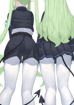 2girls absurdres armband ass back black_hat black_jacket black_shorts black_skirt blue_archive commentary_request cropped_jacket demon_tail gloves green_hair halo hat highres hikari_(blue_archive) jacket korean_commentary long_hair long_sleeves lower_body multiple_girls nozomi_(blue_archive) pantyhose peaked_cap pointy_ears shorts sidelocks skirt tail thighs tomid white_gloves white_pantyhose