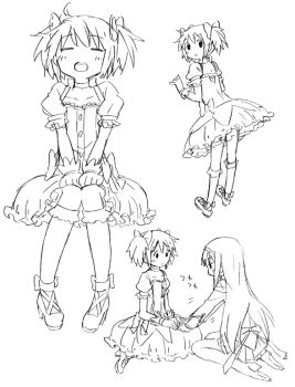 Rule 34 | 2girls, akemi homura, akemi homura (magical girl), back bow, black eyes, blunt bangs, blush, blush stickers, boots, bow, bubble skirt, buttons, capelet, choker, collarbone, commentary request, dress, dress ribbon, footwear ribbon, frilled dress, frills, from behind, gloves, greyscale, hair ribbon, hairband, hands on own thighs, heart, heart print, holding hands, kaname madoka, kaname madoka (magical girl), kannari, long hair, long sleeves, looking at viewer, mahou shoujo madoka magica, mary janes, monochrome, multiple girls, multiple views, open mouth, pantyhose, pleated skirt, puffy short sleeves, puffy sleeves, ribbon, shoes, short hair, short sleeves, sidelocks, sitting, skirt, socks, teeth, thigh boots, thighs, twintails, upper teeth only, wariza, white background