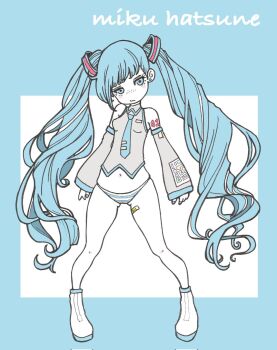 1girl bare_shoulders blue_theme character_name commentary detached_sleeves freckles full_body hatsune_miku highres limited_palette looking_at_viewer mikuoshugo1 necktie no_pants number_tattoo panties shoulder_tattoo solo standing striped_clothes striped_panties tattoo twintails underwear vocaloid