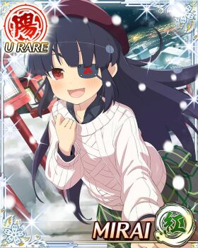 1boy 1girl :d beret black_hair black_shirt blunt_bangs blush border card_(medium) dating eyepatch fang flat_chest game_cg green_skirt hat holding_hands long_hair mirai_(senran_kagura) mitsudomoe_(shape) non-web_source official_art open_mouth outdoors red_eyes red_hat senran_kagura senran_kagura_new_wave shirt skirt smile snowing solo_focus sweater tomoe_(symbol) white_sweater