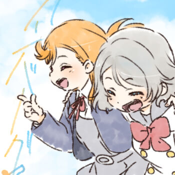 2girls arm_on_another&#039;s_shoulder belt_buckle blue_background blue_eyes blush brown_hair buckle dress from_side grey_dress grey_hair grey_sailor_collar grey_skirt hand_up head_tilt jacket laughing long_hair long_sleeves love_live! love_live!_sunshine!! love_live!_superstar!! multiple_girls neck_ribbon necktie open_clothes open_jacket open_mouth orange_hair red_ribbon ribbon running sailor_collar school_uniform shibuya_kanon shinanoya_(satanicad) simple_background skirt smile teeth tongue upper_body upper_teeth_only uranohoshi_school_uniform watanabe_you wavy_hair white_background winter_uniform yuigaoka_school_uniform