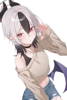 1girl alternate_costume alternate_hair_length alternate_hairstyle black_choker black_hair black_horns blue_archive bright_pupils casual choker claw_pose closed_mouth commentary cowboy_shot cropped_sweater demon_girl demon_horns demon_wings denim denim_shorts double-parted_bangs dutch_angle ear_piercing earrings eyelashes fingernails grey_halo hair_between_eyes halo hand_up highres horns jewelry kayoko_(blue_archive) long_sleeves looking_at_viewer low_wings medium_hair midriff mole mole_on_neck multicolored_hair navel necklace off_shoulder piercing ran_(gcrm8377) red_eyes shorts single_wing slit_pupils solo sweater tsurime two-tone_hair white_hair white_pupils wings wolf_cut