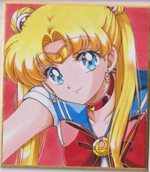 1girl bishoujo_senshi_sailor_moon blonde_hair blue_eyes blue_sailor_collar bow bowtie chikoto_(kztc4472) choker circlet closed_mouth collarbone commentary double_bun earrings hair_bun highres jewelry looking_at_viewer parted_bangs portrait red_background red_bow red_bowtie red_choker sailor_collar sailor_moon sailor_senshi_uniform shirt short_sleeves simple_background solo traditional_media tsukino_usagi white_shirt
