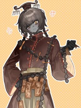 Rule 34 | 1boy, black gloves, bochishiraita, bow, braid, brown hair, chinese clothes, colored skin, gloves, grey skin, guan hat, hair bow, highres, limbus company, long hair, looking at viewer, male focus, multiple braids, project moon, red bow, red robe, robe, simple background, solo, standing, talisman, upper body, xue pan (project moon), yellow background, yellow eyes