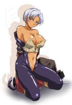 Rule 34 | 1girl, arms behind back, bag, bare shoulders, black bodysuit, blue eyes, blush, bodysuit, boots, bound, bound arms, breasts, cleavage, collarbone, commentary request, dark-skinned female, dark skin, dragon quest, dragon quest iii, earrings, grey hair, jewelry, kneeling, large breasts, looking at viewer, navel, open bodysuit, open clothes, short hair, solo, sweat, takahashi takeshi, thief (dq3)