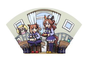 2girls ahoge animal_ears bag bed brown_hair commentary_request copano_rickey_(umamusume) espoir_city_(umamusume) food grey_hair hair_between_eyes hair_ornament hamu_koutarou highres horse_ears horse_girl multiple_girls open_mouth sitting standing thighhighs umamusume window wonder_acute_(umamusume)
