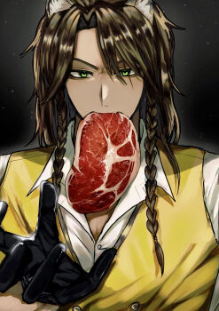 Rule 34 | 1boy, animal ears, black background, black gloves, braid, brown hair, commentary request, food, food in mouth, gloves, green eyes, highres, leona kingscholar, lion boy, lion ears, looking at viewer, male focus, shirt, solo, steak, twisted wonderland, vest, white shirt, yano (zri 088), yellow vest