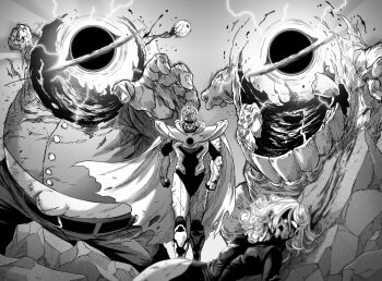 1girl black_hole blast_(one-punch_man) blood blood_on_face bruise cape debris empty_eyes fuhrer_ugly greyscale gums_(one-punch_man) haguki hair_over_one_eye highres injury monochrome monster murata_yuusuke_(style) one-punch_man outdoors pedrozox2093 scratches tagme tatsumaki teeth walking