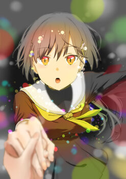 2girls absurdres black_background black_hair brown_dress ceras_yanagida_lilienfeld commentary_request dress hair_ornament hasu_no_sora_school_uniform highres holding_hands jellyfish_cut katsuragi_izumi link!_like!_love_live! long_sleeves looking_at_viewer love_live! medium_dress multiple_girls neckerchief nonaka_kokoro open_mouth orange_eyes partially_colored pleated_dress sailor_collar sailor_dress school_uniform solo_focus triangle_hair_ornament virtual_youtuber white_sailor_collar winter_uniform yellow_neckerchief