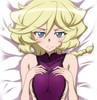 1girl a_k_g_e_0325 absurdres blonde_hair blue_eyes blush braid braided_ponytail carol_malus_dienheim flat_chest highres long_hair looking_at_viewer lying mole mole_under_eye on_back ribs senki_zesshou_symphogear shiny_skin sideless_outfit solo