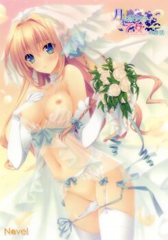 1girl absurdres blonde_hair blue_eyes blush bouquet breasts bridal_veil elbow_gloves est_gealach_arnotts female_focus flower garter_belt gloves hair_intakes highres jewelry long_hair looking_at_viewer navel necklace nipples panties panty_pull see-through_clothes side-tie_panties smile solo string_panties suzuhira_hiro thighhighs topless_female tsuki_ni_yorisou_otome_no_sahou_2 underwear untied untying veil white_gloves white_panties white_thighhighs