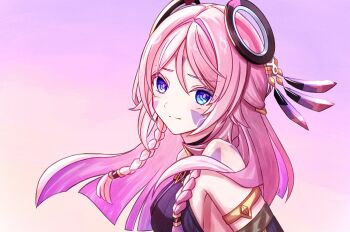 1girl armlet black_leotard blue_eyes braid breasts citlali_(genshin_impact) facial_mark from_side genshin_impact gradient_background hair_intakes hair_ornament heattech_leotard highres jewelry leotard long_hair looking_at_viewer looking_to_the_side medium_breasts pink_background pink_hair pink_pupils side_braids sideboob simple_background solo triangle triangle_facial_mark turtleneck yoi_(a27963244)