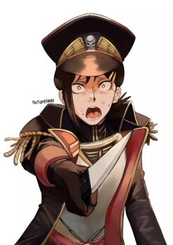 1girl chainsaw_man crossover gloves hat higashiyama_kobeni holding holding_knife knife long_sleeves looking_at_viewer non-web_source open_mouth pastepiphany scared simple_background solo source_request sweat tagme warhammer_40k white_background