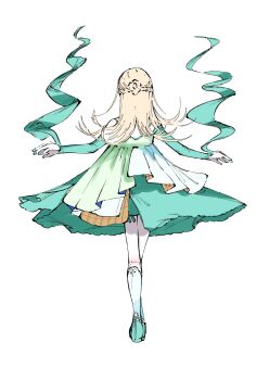 Rule 34 | 1girl, asuzemu, blonde hair, braid, crown braid, dress, facing away, fingernails, flipped hair, from behind, full body, gakuen idolmaster, green dress, green nails, green shoes, green sleeves, hair bun, halter dress, halterneck, hashtag-only commentary, highres, idolmaster, koukei (idolmaster), layered dress, long hair, nail polish, outstretched arms, shinosawa hiro, shoes, short dress, simple background, socks, solo, spread arms, white background, white socks