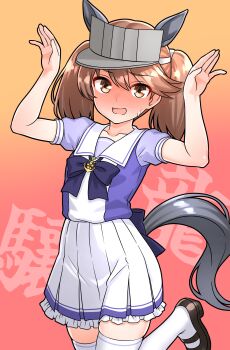 1girl absurdres animal_ears back_bow black_shoes bow bowtie brown_eyes brown_hair commentary_request embarrassed fake_animal_ears fake_tail furaggu_(frag_0416) grey_hat hat highres horse_ears horse_tail horseshoe_ornament kantai_collection large_bow mary_janes navel pleated_skirt puffy_short_sleeves puffy_sleeves purple_bow purple_bowtie purple_shirt ryuujou_(kancolle) sailor_collar sailor_shirt school_uniform serafuku shirt shoes short_sleeves skirt solo standing standing_on_one_leg stomach tail thighhighs tracen_school_uniform umamusume variant_set visor_cap white_skirt white_thighhighs