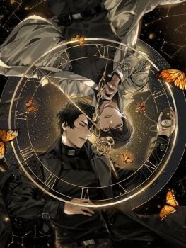 2boys black_coat black_hair black_shirt blackbox_(blackbox9158) bug butterfly chain clock_hands closed_eyes coat constellation cover cover_page grin hand_on_own_chin hand_on_own_stomach holding holding_pocket_watch insect kim_dokja looking_at_viewer male_focus multiple_boys official_art omniscient_reader&#039;s_viewpoint open_clothes open_coat pocket_watch roman_numeral shirt short_hair sky smile star_(sky) starry_sky watch white_coat yoo_joonghyuk