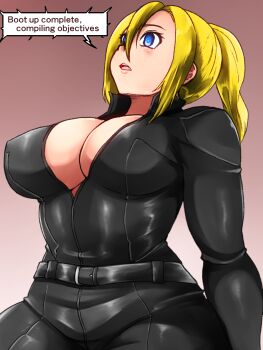 Rule 34 | 1girl, absurdres, android, blonde hair, blue eyes, breasts, commission, english text, glowing, glowing eyes, highres, isna (footprintsofisna), jumpsuit, large breasts, non-web source, pixiv commission, t-800, terminator (series), the terminator