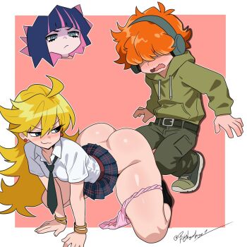 1boy 2girls ass blonde_hair blue_hair blush brief_(psg) earrings highres jewelry multiple_girls necktie orange_hair panty_&amp;_stocking_with_garterbelt panty_(psg) skirt stocking_(psg)