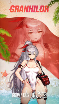 1girl braid breasts brown_dust_(series) brown_dust_2 cameltoe character_name english_text granhildr_(brown_dust) grey_hair highres large_breasts long_hair looking_at_viewer official_alternate_costume official_art one-piece_swimsuit open_mouth partially_visible_vulva solo swimsuit very_long_hair yellow_eyes zoom_layer