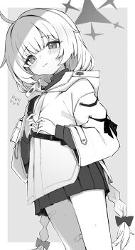 Rule 34 | 1girl, absurdres, ahoge, bandaid, bandaid on leg, blue archive, blush, bow, braid, closed mouth, commentary request, flying sweatdrops, gauze, gauze on knee, gauze on leg, greyscale, hair bow, halo, highres, hood, hooded jacket, izuoku, jacket, long hair, long sleeves, looking at viewer, low twin braids, maia (blue archive), monochrome, pleated skirt, skirt, smile, solo, twin braids, white jacket