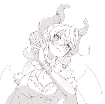 1girl bare_shoulders blush breasts cleavage commentary_request demon_girl demon_horns demon_wings dress drill_hair duel_monster earrings greyscale horns jewelry large_breasts lineart lovely_labrynth_of_the_silver_castle monochrome parted_lips shippopo_(legalize-call) simple_background smile solo strapless strapless_dress twin_drills upper_body white_background wings yu-gi-oh!