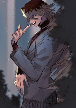 Rule 34 | 1boy, blonde hair, chinese commentary, commentary request, douma (kimetsu no yaiba), hair between eyes, highres, kimetsu no yaiba, long hair, looking at viewer, male focus, ou syoku7, patterned hair, red shirt, shirt, smile, solo, teeth, tight clothes, tight shirt, toned, toned male