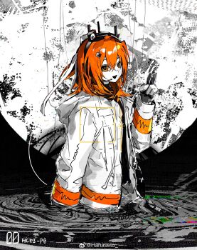 1girl a.i._voice absurdres adachi_rei arm_at_side black_background black_shirt from_side hair_between_eyes hanaseto hand_up heart highres jacket long_sleeves looking_at_viewer medium_hair open_mouth orange_eyes orange_hair partially_submerged shirt smile solo static upper_body utau v white_background white_jacket