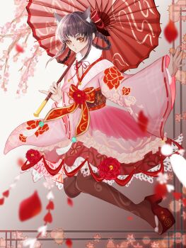 1girl alternate_hair_color animal_ear_fluff animal_ears black_pantyhose black_sandals bow braid braided_hair_rings branch brown_eyes brown_hair brown_sash camellia cherry_blossoms commentary_request dress eyelashes falling_petals flame_fox_(shining_nikki) floral_print flower fox_ears full_body fur_scarf gradient_background grey_background hair_bow hair_rings highres holding holding_umbrella japanese_clothes kimono kimono_dress lace lace-trimmed_skirt lace_trim lipstick long_sleeves makeup medium_hair medium_skirt neck_ribbon nikki_(series) obi oil-paper_umbrella okobo open_mouth pantyhose petals pink_flower pink_kimono pink_lips platform_sandals pleated_skirt print_sash print_skirt print_sleeves red_bow red_flower red_ribbon red_skirt red_umbrella reina_(pixiv_69502114) ribbon ribbon-trimmed_sash ribbon-trimmed_sleeves ribbon_trim sandals sash scarf shining_nikki short_dress sidelocks skirt skirt_under_dress sleeves_past_wrists solo tabi tassel two-tone_background umbrella umbrella_over_shoulder waist_bow white_background white_scarf wide_sleeves