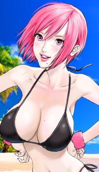 1girl beach bikini black_bikini blush breast_shake breasts cleavage cloud collarbone gigant_(series) hands_on_own_hips highres huge_breasts mole mole_on_breast mole_under_eye mole_under_mouth navel official_art oku_hiroya outdoors papico_(gigant) parted_lips pink_eyes pink_hair pink_lips short_hair side-tie_bikini_bottom sidelocks sky smile solo swimsuit tree upper_body wristband