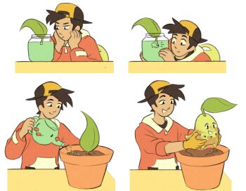 1boy backwards_hat baseball_cap black_hair chikorita ethan_(pokemon) fruitcombo gen_2_pokemon gloves hat holding holding_jar holding_watering_can jar looking_at_another male_focus nintendo phanpy pokemon pokemon_(creature) pokemon_hgss smile watering_can yellow_gloves