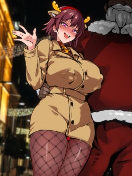 1500sumire 1boy 1girl animal_ears antlers bell blurry blurry_background breasts brown_coat brown_hair christmas coat collar commentary covered_erect_nipples cowboy_shot dark-skinned_male dark_skin deer_ears english_commentary fake_animal_ears fishnet_pantyhose fishnets hetero highres horns interracial large_breasts original pantyhose photo_background purple_eyes red_collar reindeer_antlers sex_toy short_hair solo_focus very_dark_skin