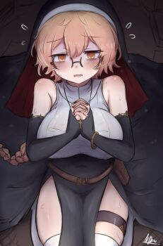 Rule 34 | 1girl, absurdres, bare shoulders, belt, belt pouch, bilingual commentary, black dress, blush, bracelet, braid, breasts, commentary, dress, english commentary, glasses, highres, huge breasts, jewelry, long hair, mixed-language commentary, mole, mole on shoulder, multi-source commentary, ndawjaidee, nervous, nervous sweating, nun, open mouth, original, plump, pouch, praying, seiza, signature, sitting, solo, sweat, thigh belt, thigh strap, thighhighs