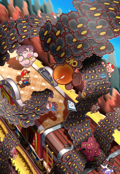 3girls 6+boys artist_name battle bird blue_overalls blue_sky blurry blurry_background bob-omb bomb bow bowtie breasts brown_dress brown_shoes bub_(paper_mario:_the_thousand_year_door) businessman_(paper_mario) character_signature chef_hat chef_shimi closed_eyes commentary_request creature dress earrings explosive facial_hair fish flurrie fork from_above furry furry_male gloves goldbob_(paper_mario:_the_thousand_year_door) hat heff_t. highres in-universe_location jewelry ladder looking_at_another looking_up maribou_(supermaribou) mario mario_(series) mouse_boy multiple_boys multiple_girls mustache necklace newsboy_cap nintendo on_train outdoors overalls paper_mario paper_mario:_the_thousand-year_door paper_mario_(character) pearl_necklace penguin pennington purple_hair red_bow red_bowtie red_hat red_shirt shirt shoes short_hair sky smorg solid_oval_eyes spoon sylvia_(paper_mario:_the_thousand_year_door) toad_(mario) toodles_(paper_mario) top_hat train twitter_username white_gloves yellow_eyes