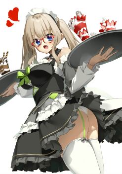 1girl 9-nine- :d \||/ absurdres ass bare_shoulders black_dress blue_eyes blush bow bow_legwear bowtie breasts brown_hair commentary cowboy_shot detached_collar detached_sleeves dress dress_bow dual_wielding dutch_angle eyes_visible_through_hair food frilled_dress frilled_sleeves frills from_below fruit garter_straps glasses green_bow grey_bow grey_bowtie hair_between_eyes hands_up heart highres holding holding_tray impossible_clothes kujou_miyako large_breasts long_hair long_sleeves looking_at_viewer maid maid_headdress n_tarou nine_ball_maid_uniform official_alternate_costume official_alternate_hairstyle open_mouth panties parfait red-framed_eyewear short_dress sidelocks simple_background sleeveless sleeveless_dress smile solo strawberry strawberry_parfait strawberry_slice thighhighs tray twintails underwear upskirt wedgie white_background white_panties white_thighhighs