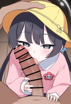 1boy 1girl absurdres bad_id bad_twitter_id bar_censor blue_archive blush censored clothed_female_nude_male fellatio hair_bobbles hair_ornament halo hand_on_another's_head hat hetero highres inactive_account kindergarten_uniform kisaki_(blue_archive) kisaki_(kindergarten_uniform)_(blue_archive) licking licking_penis loli looking_at_viewer low_twintails mosaic_censoring nude oral penis pov pov_crotch pov_hands precum school_hat solo_focus tongue tongue_out twintails white_halo yellow_hat zing_(z_z_zing)