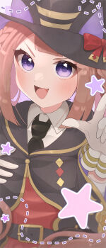 Rule 34 | 1girl, absurdres, animal ears, belt, black belt, black necktie, black robe, blush, braid, braided hair rings, brown hair, cloak, collared shirt, commentary request, fang, gloves, hair rings, hat, hat with ears, highres, horse ears, horse girl, kurumiya (krmy p), long hair, looking at viewer, necktie, open cloak, open clothes, open mouth, purple eyes, red sweater vest, robe, shirt, skin fang, smile, solo, star (symbol), sweater vest, sweep tosho (platanus witch) (umamusume), sweep tosho (umamusume), twintails, umamusume, white gloves, white shirt, witch hat