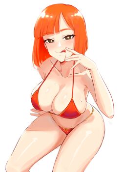 1girl arm_at_side bikini black_eyes breasts closed_mouth collarbone eyebrows_hidden_by_hair eyelashes feet_out_of_frame female_focus from_above hand_on_own_face highres large_breasts licking_lips looking_at_viewer looking_up mcdonald&#039;s medium_hair mole mole_on_breast mother_(yoru_mac) orange_hair red_bikini shaardy simple_background sitting smile solo swimsuit tongue tongue_out white_background yoru_mac