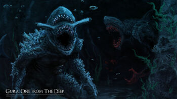 air_bubble algae artist_name baloolax barnacle blood bloodborne bubble claws cosplay crossover english_text fins fish_tail gawr_gura highres hololive hololive_english horror_(theme) monster nested_mouths no_humans open_mouth red_eyes shark shark_tail tail underwater virtual_youtuber