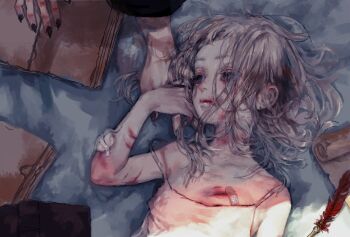 1boy 1girl bandaid black_nails bleeding blood breasts camisole cuts expressionless fingernails gauze grey_eyes grey_hair highres holding_hands injury kurashiki_touka looking_at_another original panties quill sharp_fingernails short_hair small_breasts solo_focus underwear upper_body white_panties