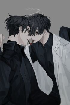 Rule 34 | 2boys, aegyo sal, black coat, black eyes, black hair, black shirt, cigarette kiss, coat, collared shirt, commentary request, hand on another's shoulder, hayu beck, highres, kim dokja, korean commentary, leaning forward, looking at viewer, male focus, multiple boys, omniscient reader's viewpoint, open clothes, open coat, popped collar, shirt, short hair, smoke, smoke trail, white coat, yoo joonghyuk