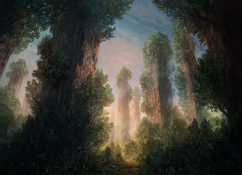 blue_sky bush commentary dawn english_commentary forest highres jjcanvas landscape leaf nature original painterly path pillar plant road scenery sky tree