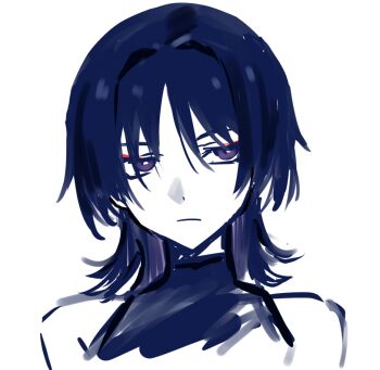 1boy alternate_hair_length alternate_hairstyle bare_shoulders black_bodysuit bodysuit bright_pupils closed_mouth expressionless eyeliner eyeshadow genshin_impact hag_(hag_015) hair_intakes looking_past_viewer makeup male_focus parted_bangs portrait purple_eyes purple_hair red_eyeliner red_eyeshadow sanpaku scaramouche_(genshin_impact) sketch solo wanderer_(genshin_impact) white_background white_pupils