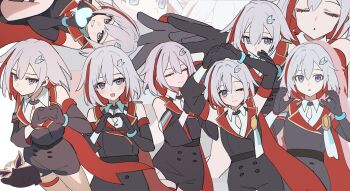 1girl bare_shoulders black_gloves blue_eyes blush breasts closed_eyes colored_inner_hair detached_sleeves gloves hair_ornament hairclip heart heart_hands highres honkai:_star_rail honkai_(series) large_breasts multicolored_hair multiple_views nanyi46293 numby_(honkai:_star_rail) one_eye_closed puckered_lips red_hair short_hair topaz_(honkai:_star_rail) trotter_(honkai:_star_rail) white_hair