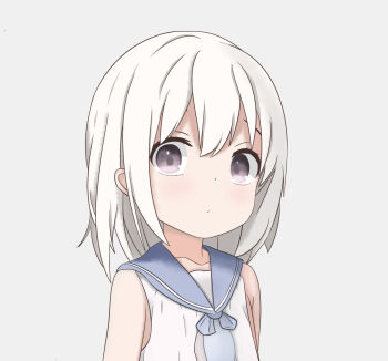 1girl absurdres blush diamond_li female_focus highres kawaii loli looking_at_viewer magical_girl petite purple_eyes sailor_collar sailor_shirt sailor_uniform shirt simple_background solo upper_body white_hair