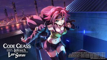 1girl backlighting bare_shoulders black_jacket black_shorts black_thighhighs blue_eyes breasts city cleavage cloud code_geass code_geass:_lost_stories collarbone commentary_request cowboy_shot crop_top dressing dutch_angle f4samurai gradient_sky groin hair_flaps hair_intakes hand_up headband highres jacket kouzuki_kallen large_breasts long_sleeves looking_at_viewer mountainous_horizon navel night official_art open_mouth outdoors purple_sky putting_on_jacket red_hair red_headband shipping_container shirt short_hair short_shorts shorts sidelocks sky sleeveless sleeveless_shirt solo spaghetti_strap standing stomach thighhighs thighs undershirt v-shaped_eyebrows warehouse yellow_shirt