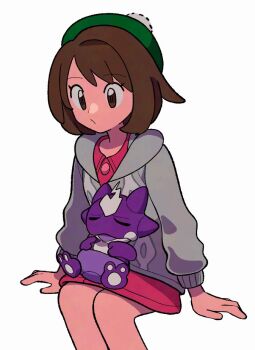 1girl brown_eyes brown_hair cable_knit cardigan closed_mouth collared_dress commentary dress gen_8_pokemon gloria_(pokemon) green_hat grey_cardigan hat hood hood_down hooded_cardigan invisible_chair medium_hair nintendo on_lap pink_dress pokemon pokemon_(creature) pokemon_on_lap pokemon_swsh simple_background sitting symbol-only_commentary tam_o&#039;_shanter toxel tyako_089 white_background