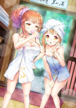 Rule 34 | 1boy, 1girl, after bathing, bath, blush, brother and sister, highres, naked towel, natsusora aona, natsusora wakana, non-web source, novady, onsen, orange hair, original, siblings, steam, towel, towel on head, trap